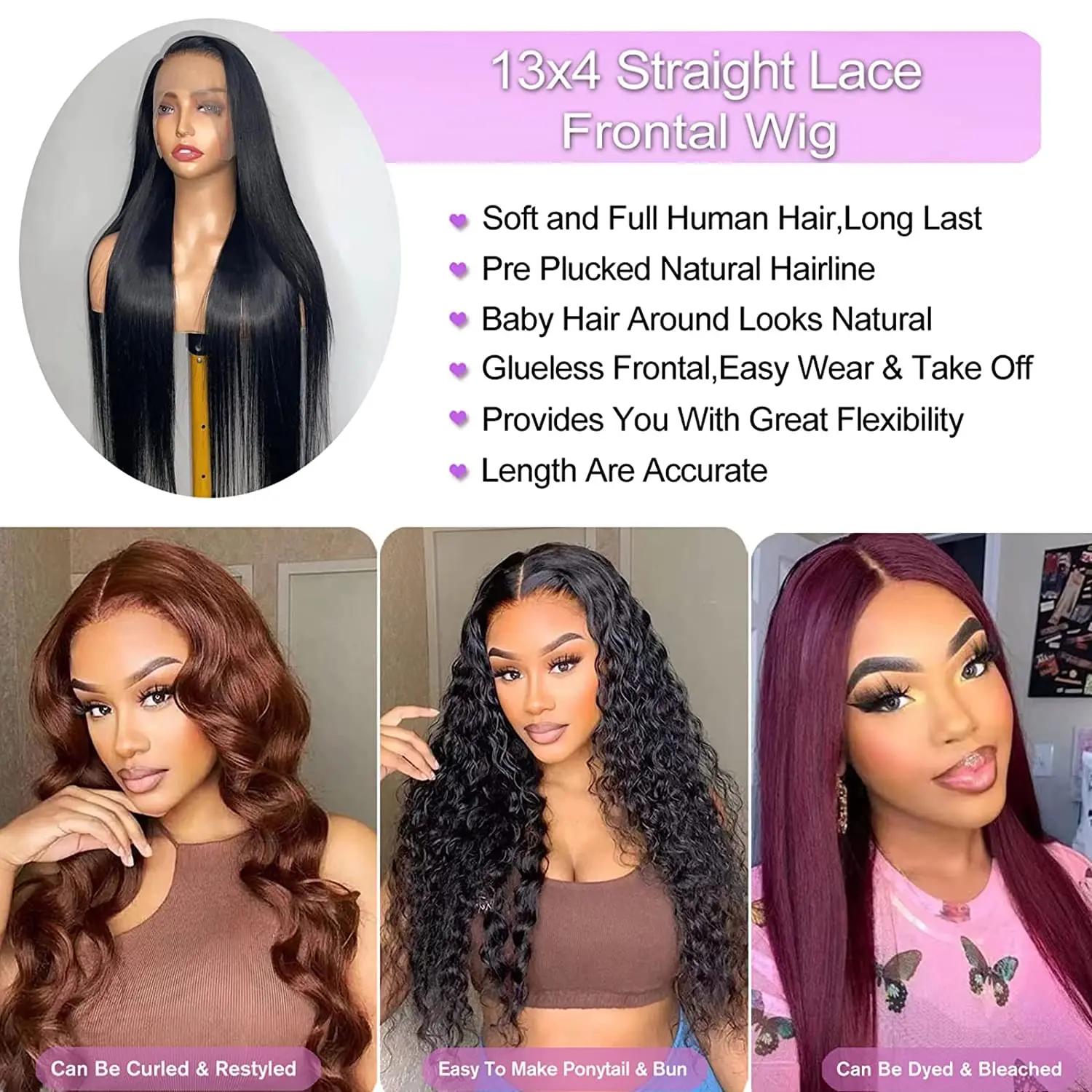 Perruque Lace Front Wig 360 naturelle lisse, cheveux humains, 13x4 13x6 30 32 34 pouces 4x4, HD