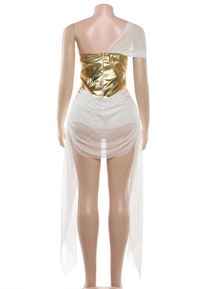 Robe Corset Patchwork Étrange pour Femme avec Fermeture Éclair, Franges Irrégulières, Ruban en Maill