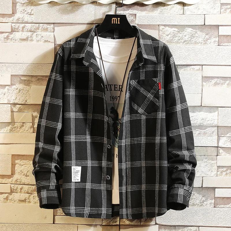 Chemise à carreaux à manches longues pour hommes, col rabattu, poche boutonnée, mode décontractée, é