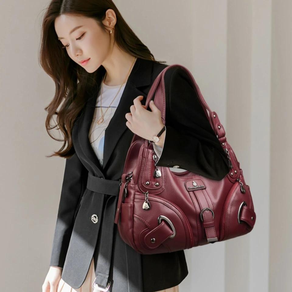 Sacs à main de luxe pour femme en cuir souple de haute qualité à deux couches, style moto, pour mère