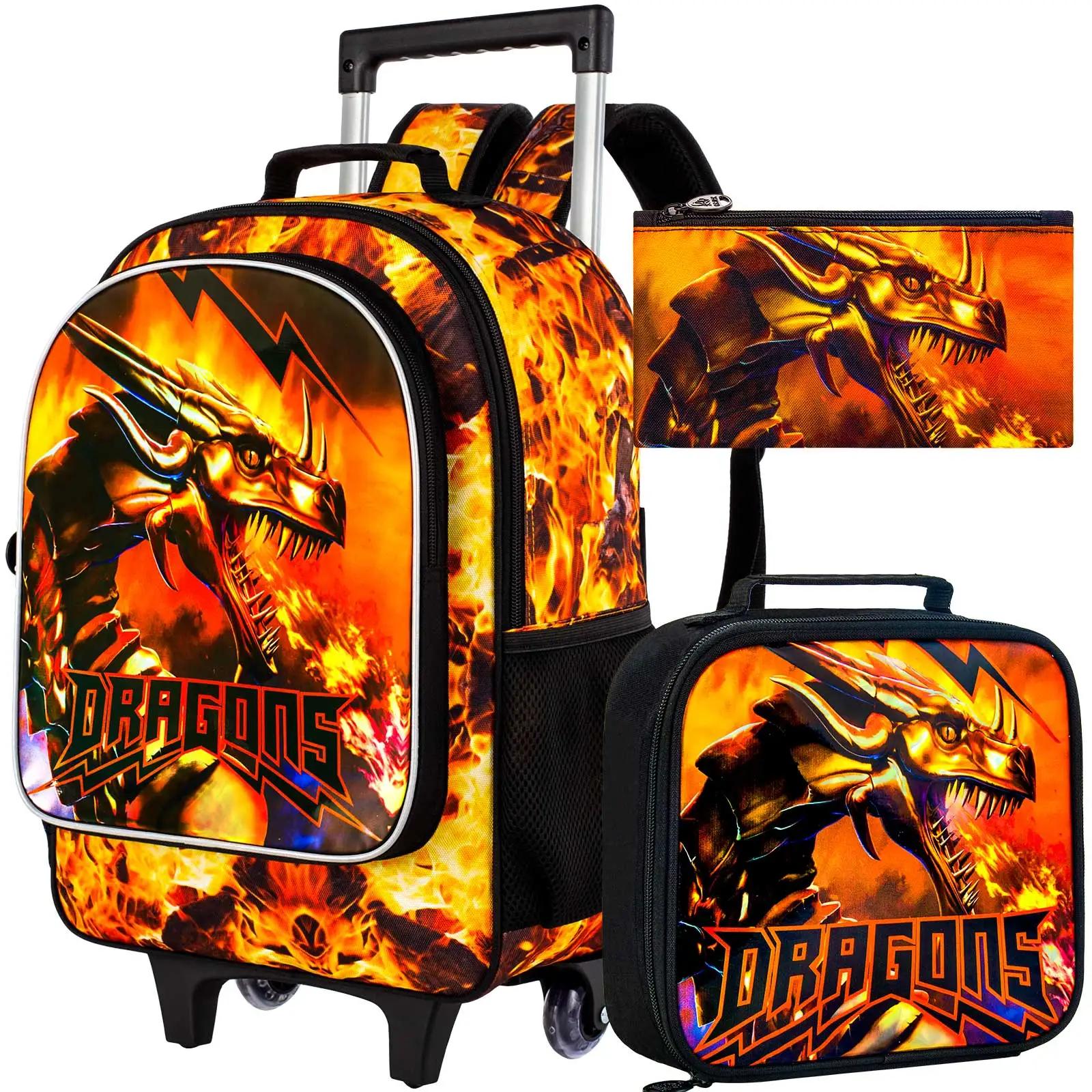 Sac à dos à roulettes Dragon 3 pièces pour garçons, sacs à dos d'école pour enfants avec roulettes,