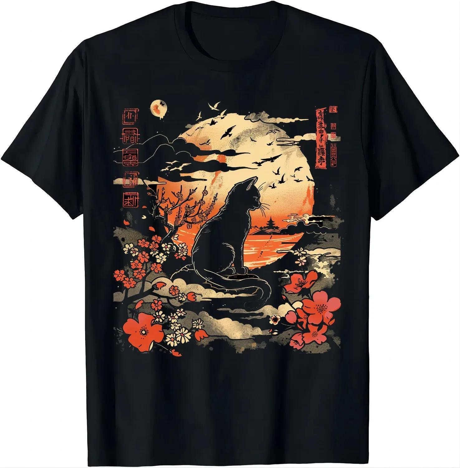 T-shirt pour femme avec motif de chat d'anime mignon, style rétro japonais, motif de chat amusant, T