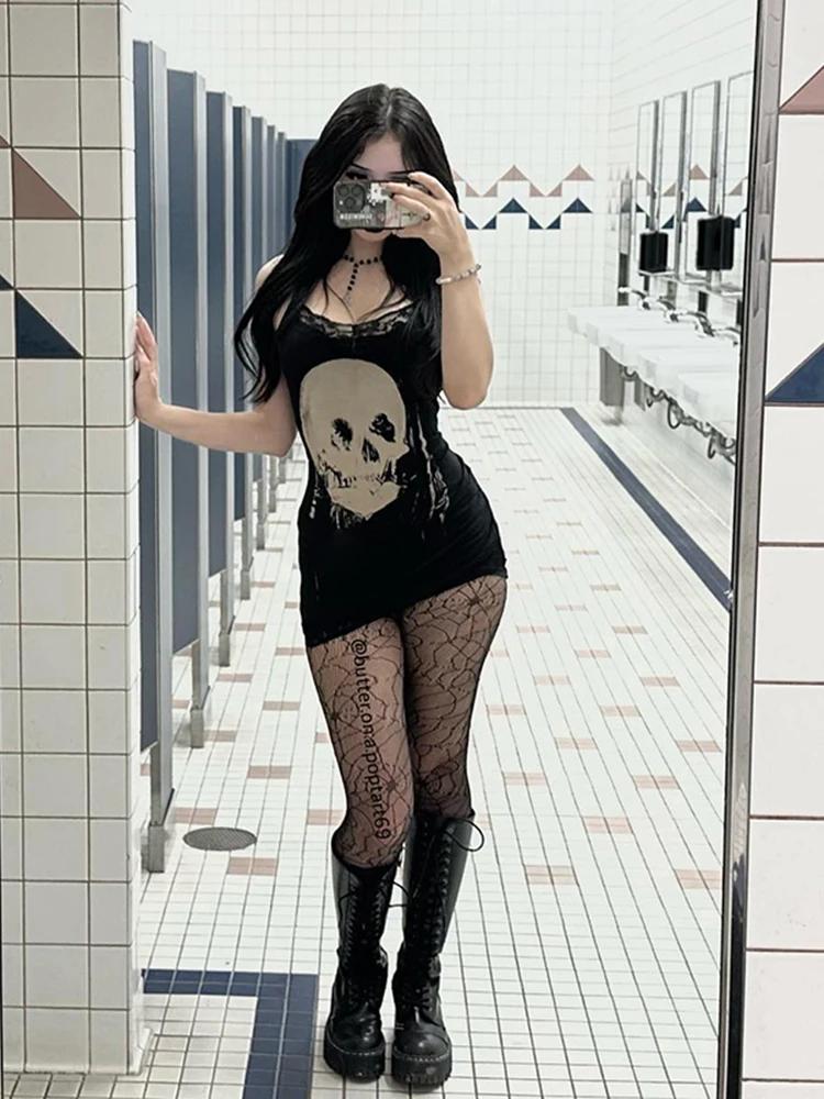 AltGoth Cyber Punk robe gothique femmes Streetwear Harajuku crâne imprimé sans manches taille haute
