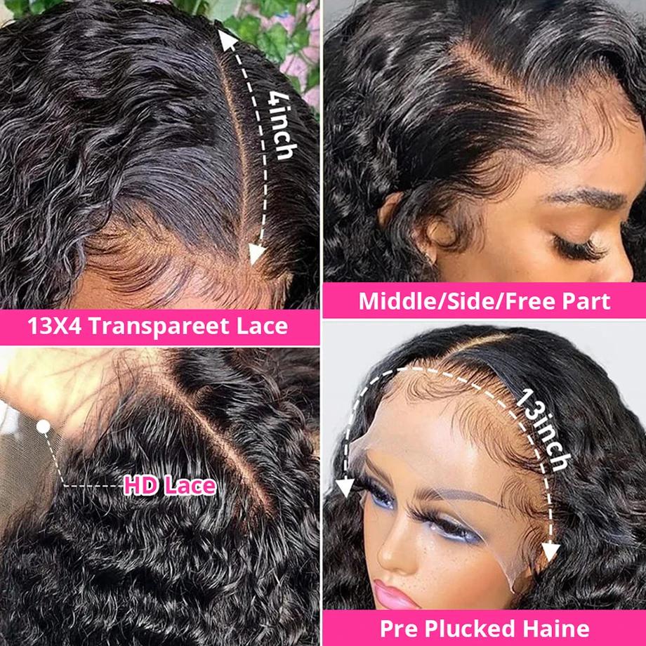 Perruque Lace Front Wig bouclée naturelle, cheveux humains, Deep Water Wave, HD, 13x4, 13x6, choix d