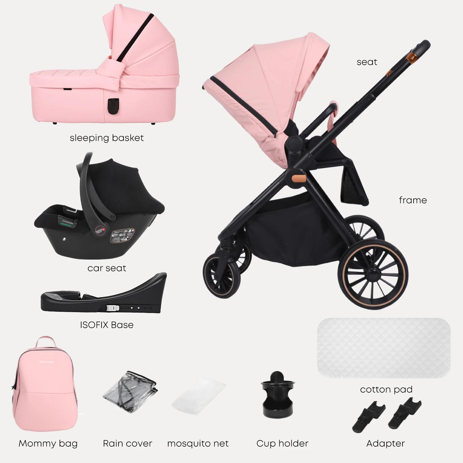 Poussette multifonctionnelle rose pour bébé, système de voyage, cadre léger pliable gris avec siège