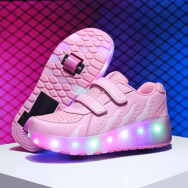 Baskets lumineuses à deux roues pour enfants, chaussures à roulettes avec lumière LED rose, chaussur