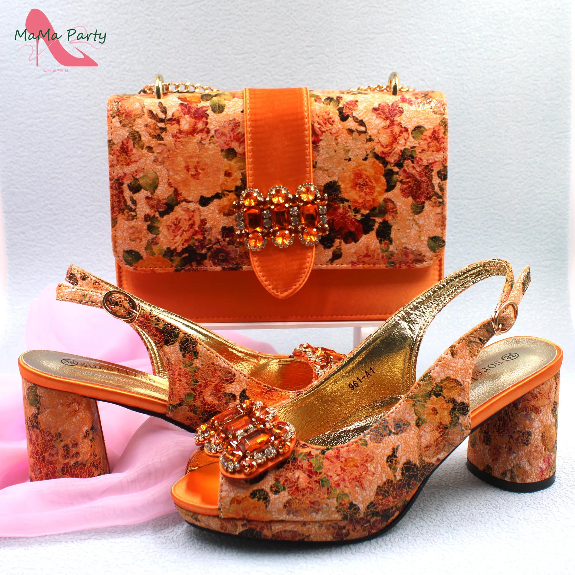 Ensemble de chaussures et de sacs en cuir PU orange pour femmes italiennes, design floral, robe, hau