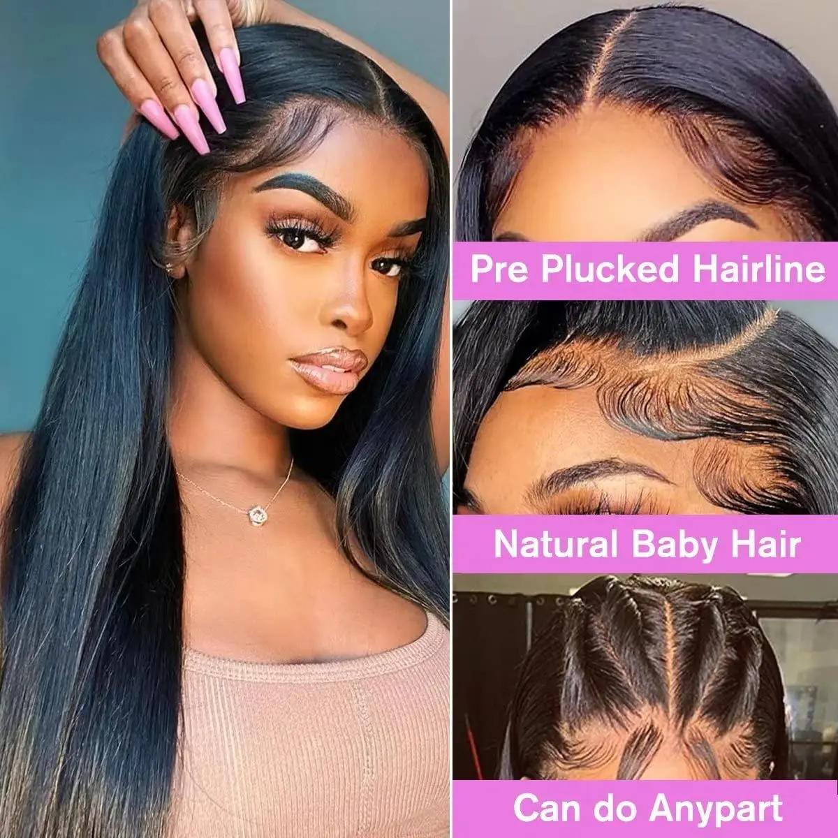 Perruque Lace Front Brésilienne Naturelle Cheveux Lisses, 13x4, 13x6, HD, Transparent 360, 5x5, 6 Ta