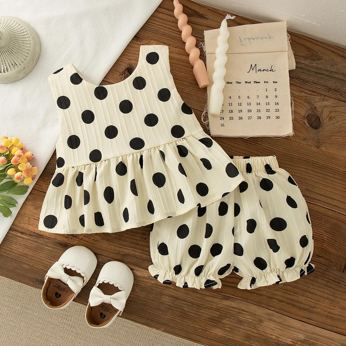 Ensemble 2 pièces pour petites filles, haut et short sans manches avec nœud à pois, Style coréen, te