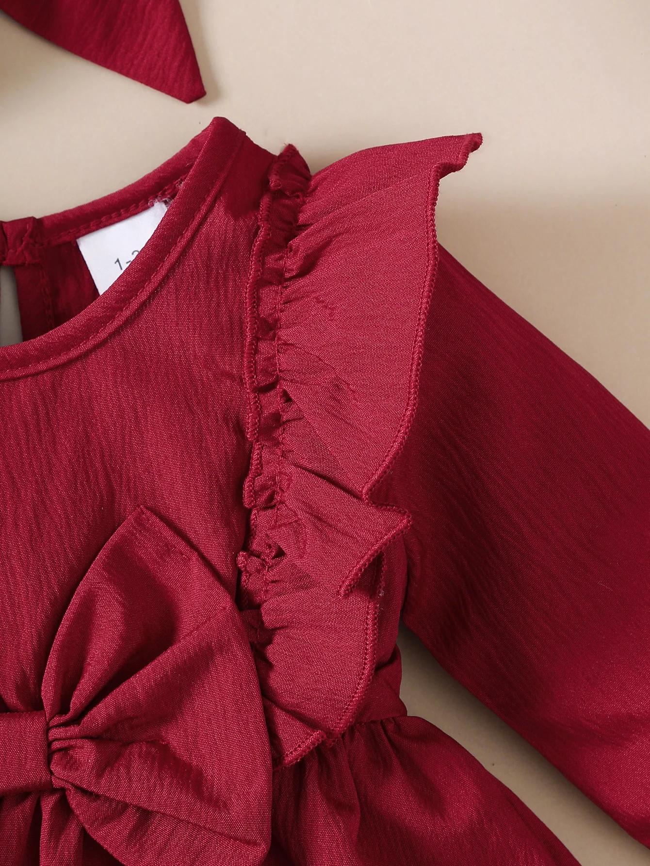 Robe d'automne pour bébé fille, bords et nœud à volants, robe à manches longues + bandeau pour 0-18