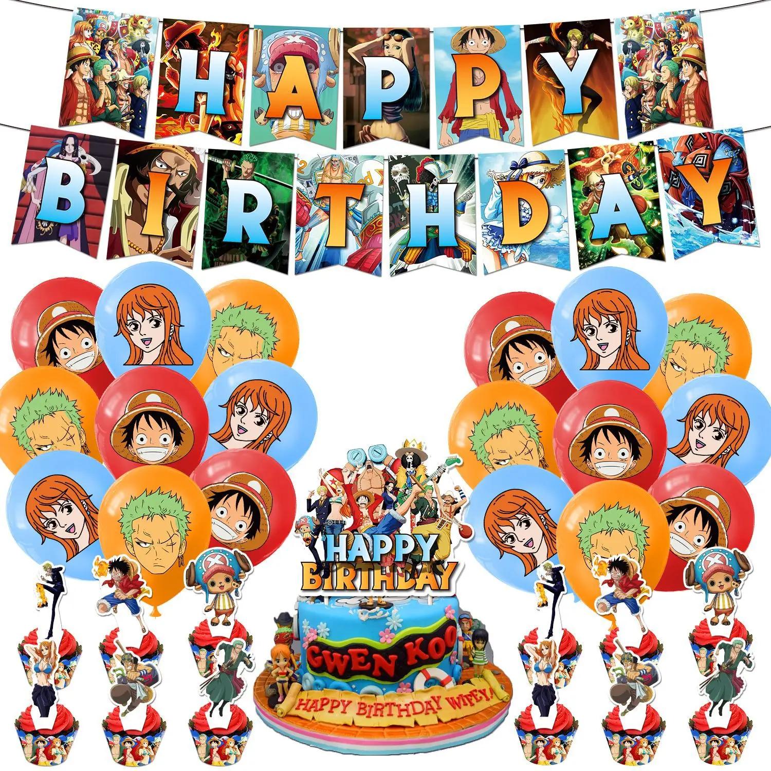 Assiettes de fête d'anniversaire One Piece, bannière suspendue, décoration de gâteau, ballons One Pi