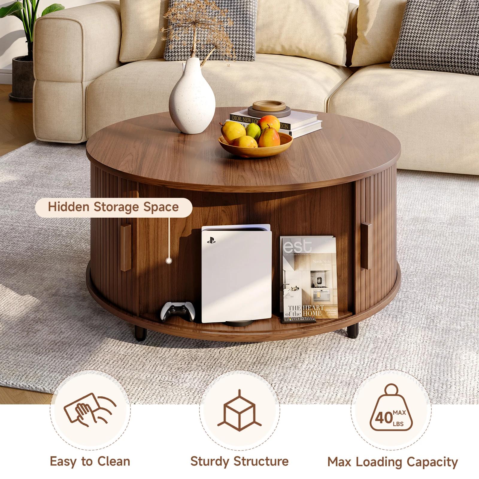 Table basse ronde avec rangement, table basse moderne de 31,5 po avec 360 ° Porte coulissante incu