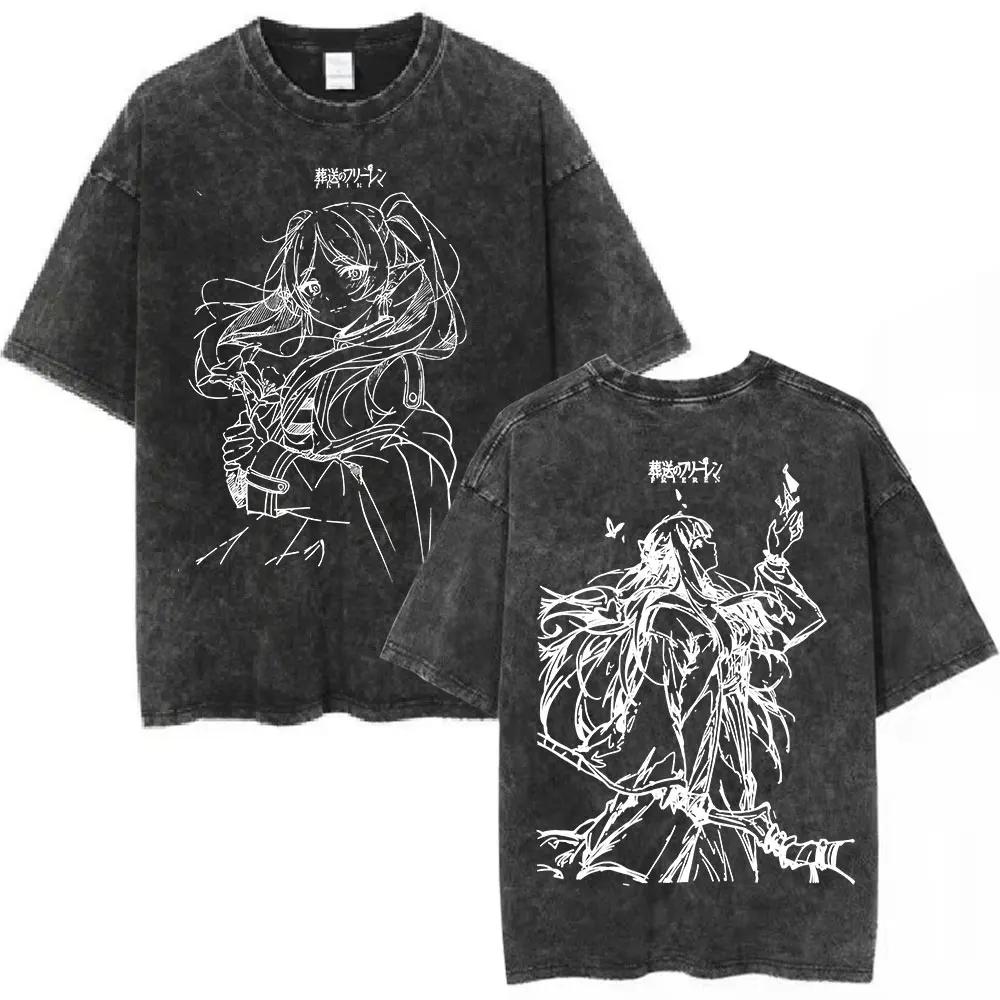 T-shirt vintage délavé Anime Frieren: Beyond Journey's End, mode homme et femme, manches courtes, 10