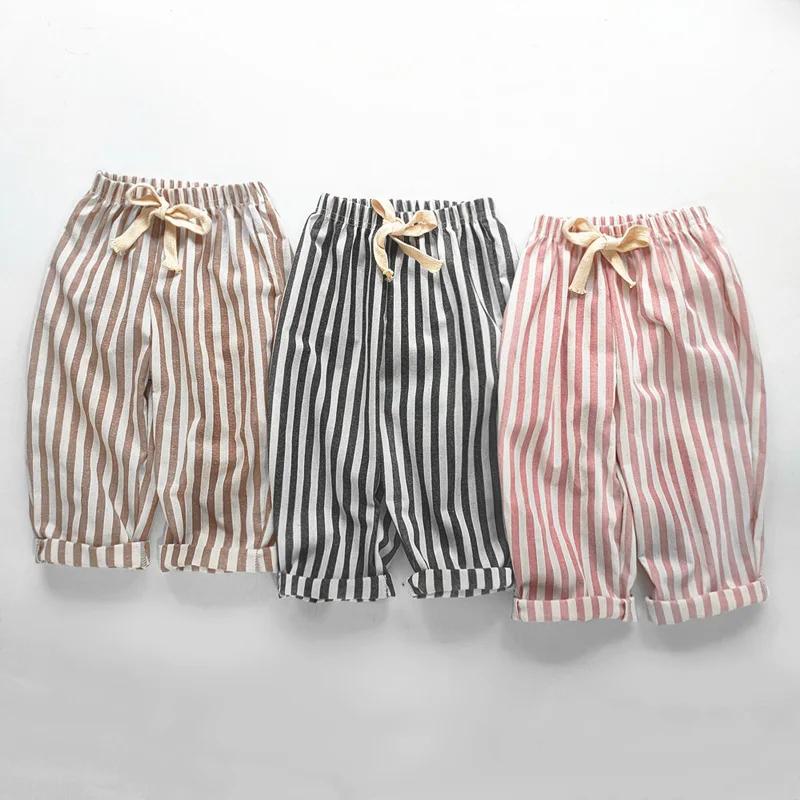 Pantalon à rayures en coton et lin pour garçon et fille, style décontracté, été automne