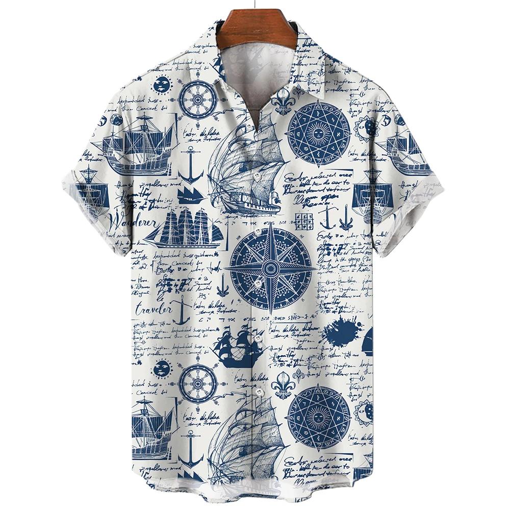 Sailing World Graphic 3D Print for Men, Vintage Shirt, Fashion, Casual Hawaiian Beach Style, Summer