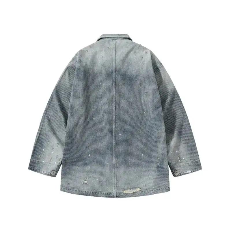 HKSH Nouvelle Veste Chemise Décontractée Oversize en Jean Délavé et Effiloché Jacquard Tendance Prin