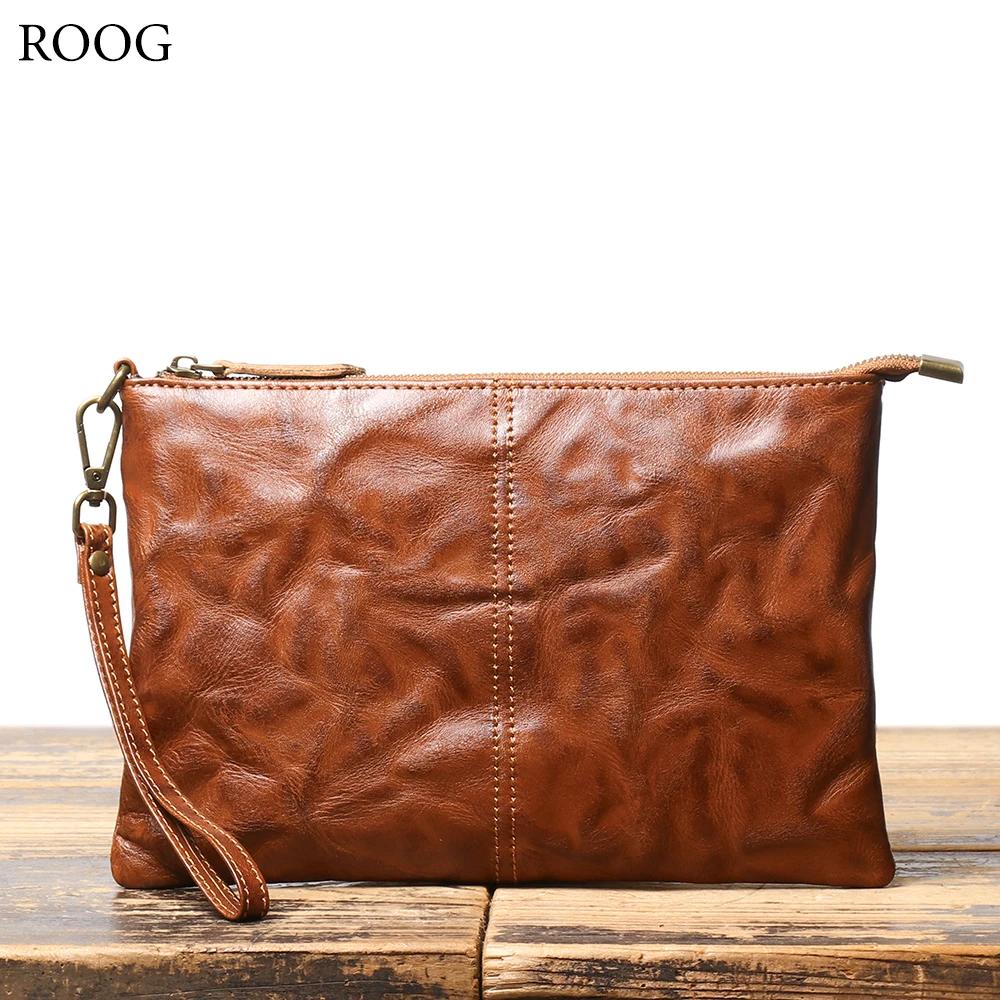 ROOG Portefeuille pochette en cuir vintage intemporel – Cuir véritable luxueux, fermeture éclair séc