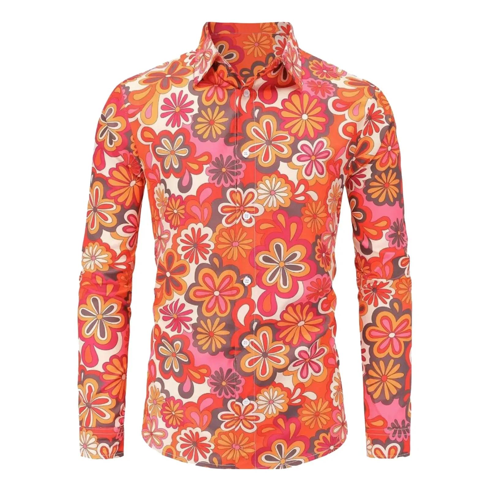  Chemise Hippie d'été des années 70 pour hommes, haut décontracté à manches longues et boutons rétr