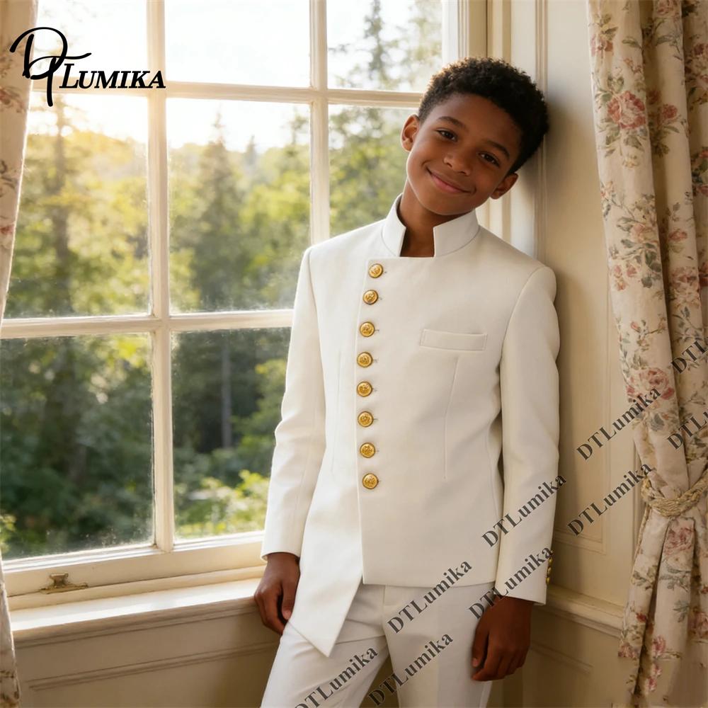 Costume de Cérémonie Élégant pour Garçon : Veste à Col Montant avec Boutons Dorés et Pantalon Assort