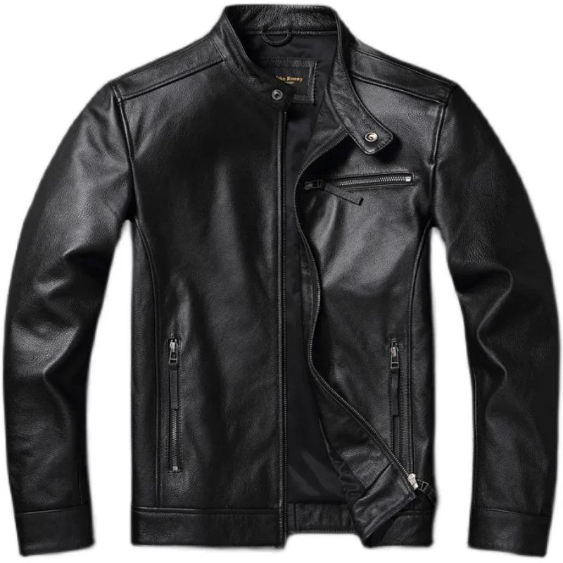 Veste en cuir de vachette de haute qualité, manteau à col montant, couche supérieure, mince, décontr