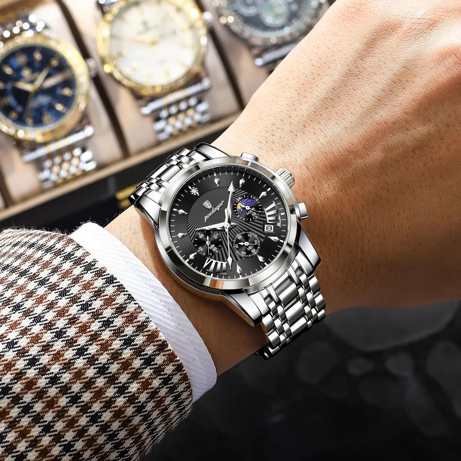 POEDAGAR Original militaire hommes montres étanche lumineux Date chronographe homme montre en acier