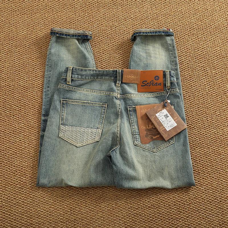 Jean en Denim Patchwork de style rétro américain pour hommes, pantalon droit effilé, extensible, dél