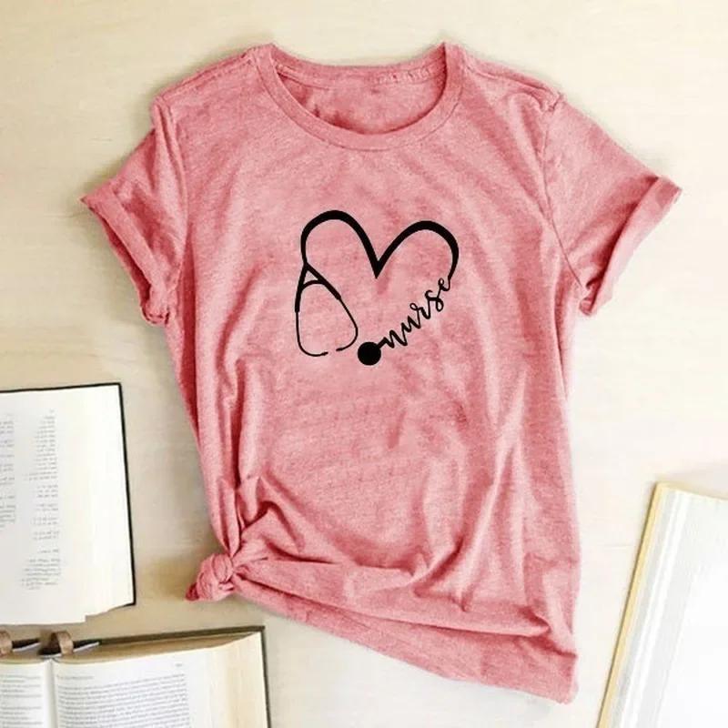 T-shirt col rond femme, estival et à manches courtes, avec stéthoscope et cœur imprimé