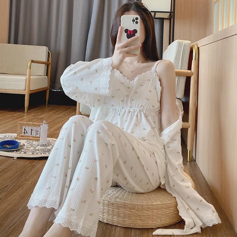 3 pièces/ensemble coton vêtements de nuit de grossesse chemise de nuit d'allaitement vêtements de nu