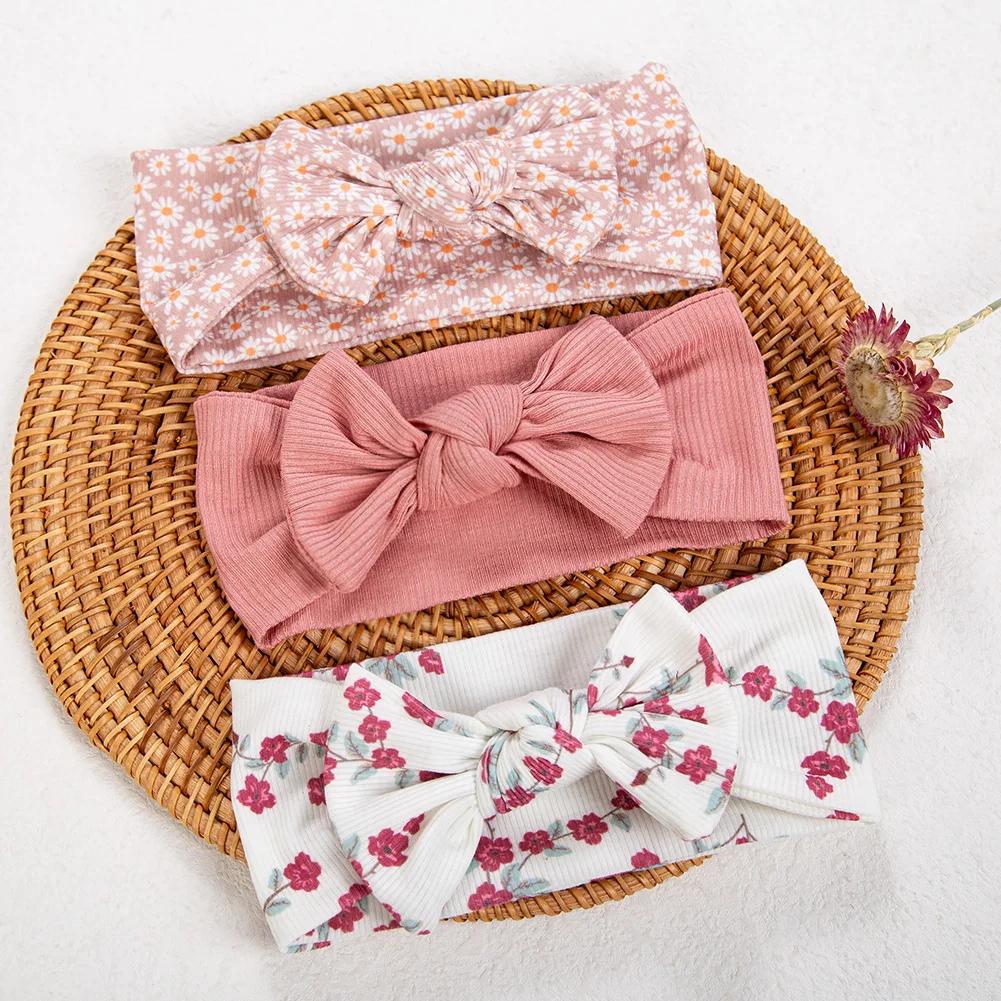 3 pièces/lot Ins côtelé bébé filles bandeaux Floral rouge coeur Dasiy imprimer arcs élastiques bande