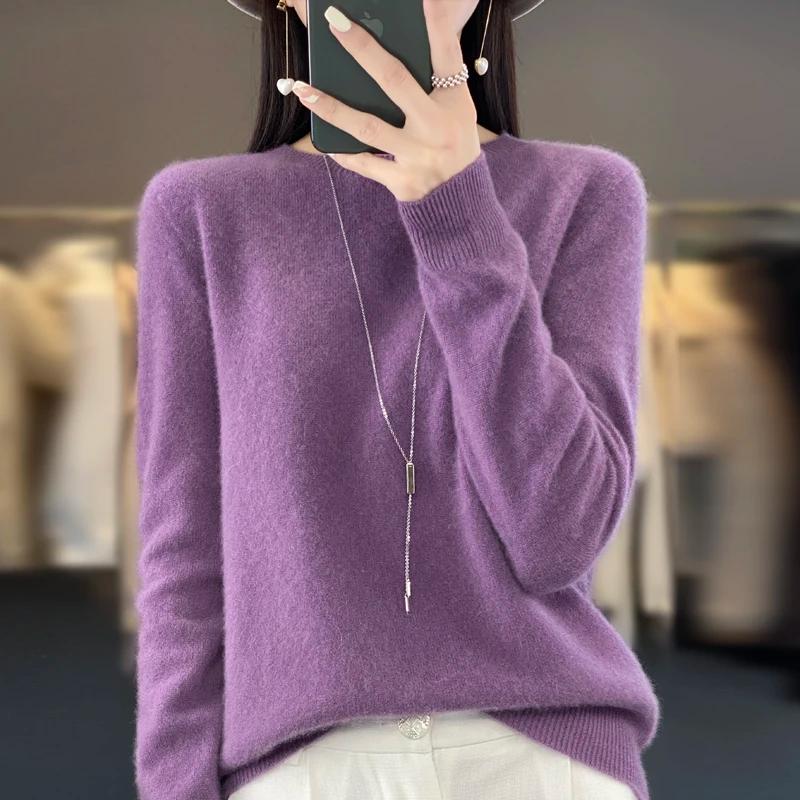 Pull tricoté en laine mérinos Pure pour femme, pull à col rond, sans couture, en cachemire, vêtement
