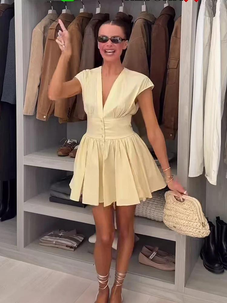 TFMLN Robe Courte Chemise Tendance pour Femme, Coupe Slim Décontractée, Manches Courtes, Col en V, B