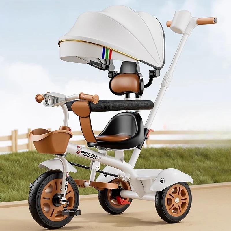 Tricycle pour enfants à trois roues, musique poussée à la main, poussette légère pour bébé, vélo pol