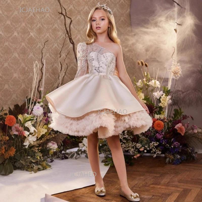 Robe de princesse à paillettes pour filles, asymétrique épaule dénudée, robe bouffante pour enfants,