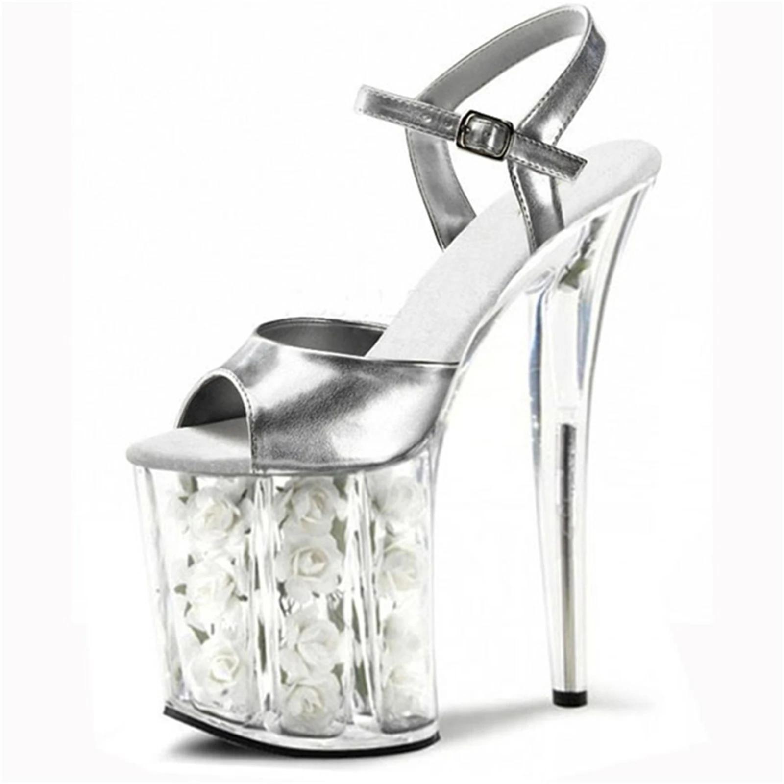Chaussures de mariage à talons roses de 20CM, sandales à plateforme en cristal rouge avec fleurs fra