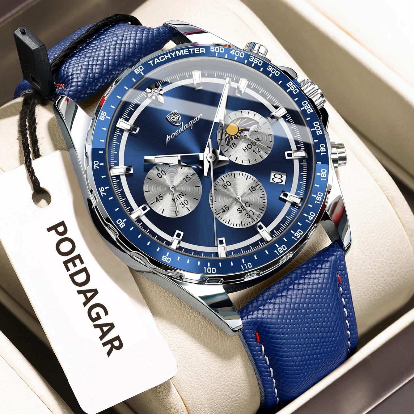 POEDAGAR Original mode hommes horloge lumineux étanche chronographe Date homme montre-bracelet en cu