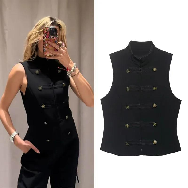 Top Femme Printemps 2026 Nouveau Noir Sans Manches avec Nœud Décoratif Coupe Ajustée Gilet Unique Te