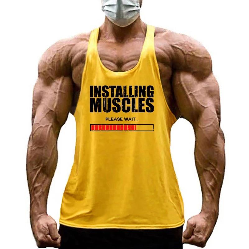 Installation des Muscles, veuillez attendre, dos en Y, débardeur, Fitness, musculation, chemise de S