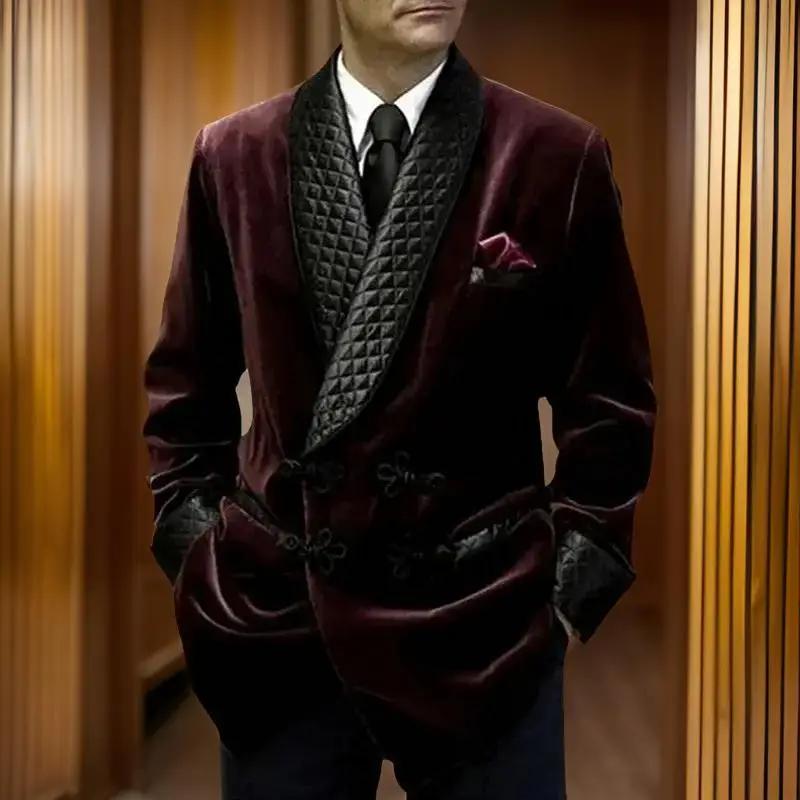 Veste longue imbibée pour homme, blazer imbibé de velours, manteau QueParty, revers châle, mariage,
