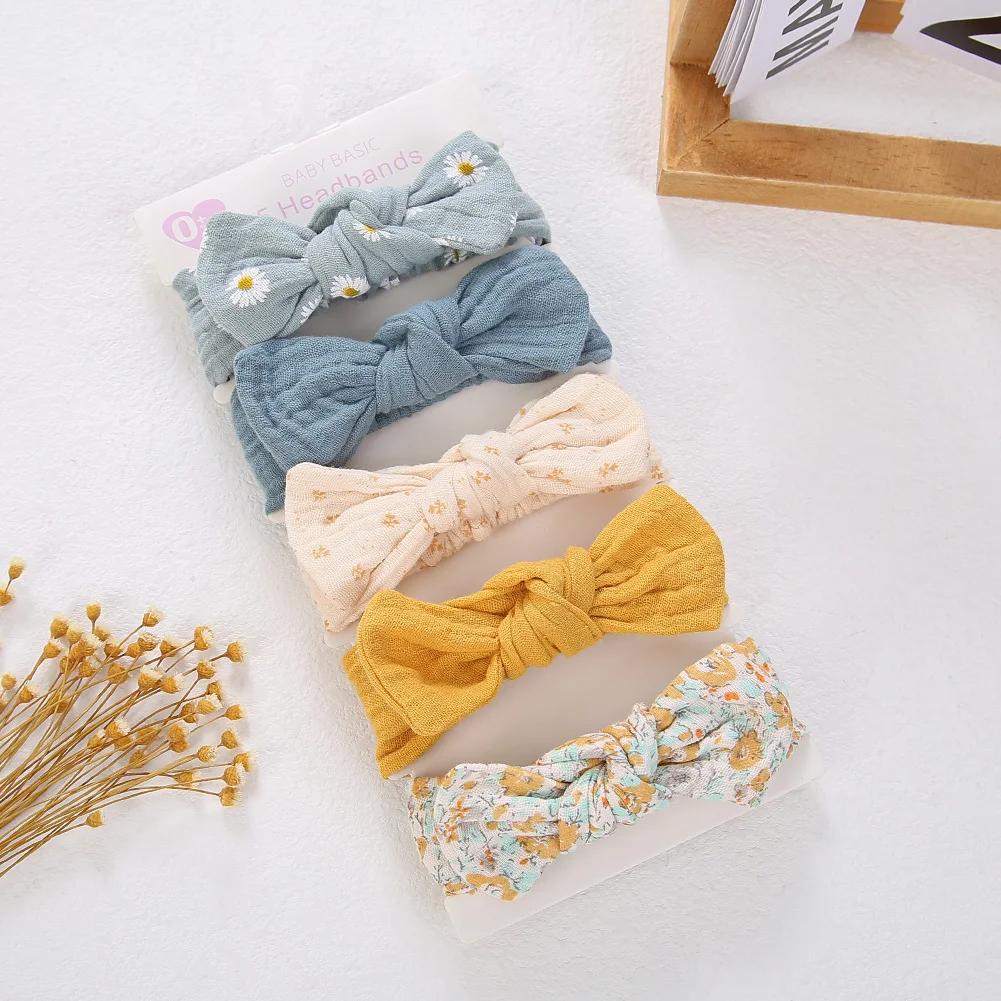 5 pièces/ensemble solide mousseline coton lin bébé bandeau élastique lapin oreille bandeau de cheveu