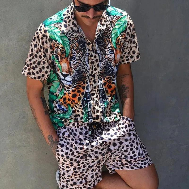 2024 été hommes de mode imprimé léopard à manches courtes chemise et shorts ensemble plage Style t-s