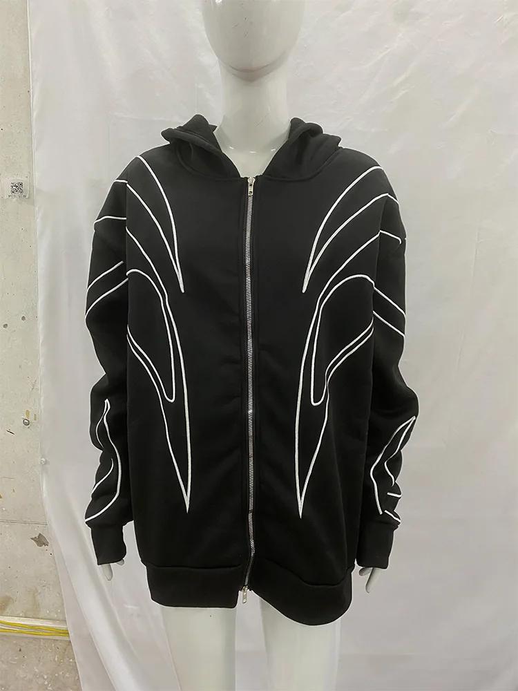 Rue rétro mode vêtements rayé brodé noir Double fermeture éclair à capuche américain Hip-hop Punk su