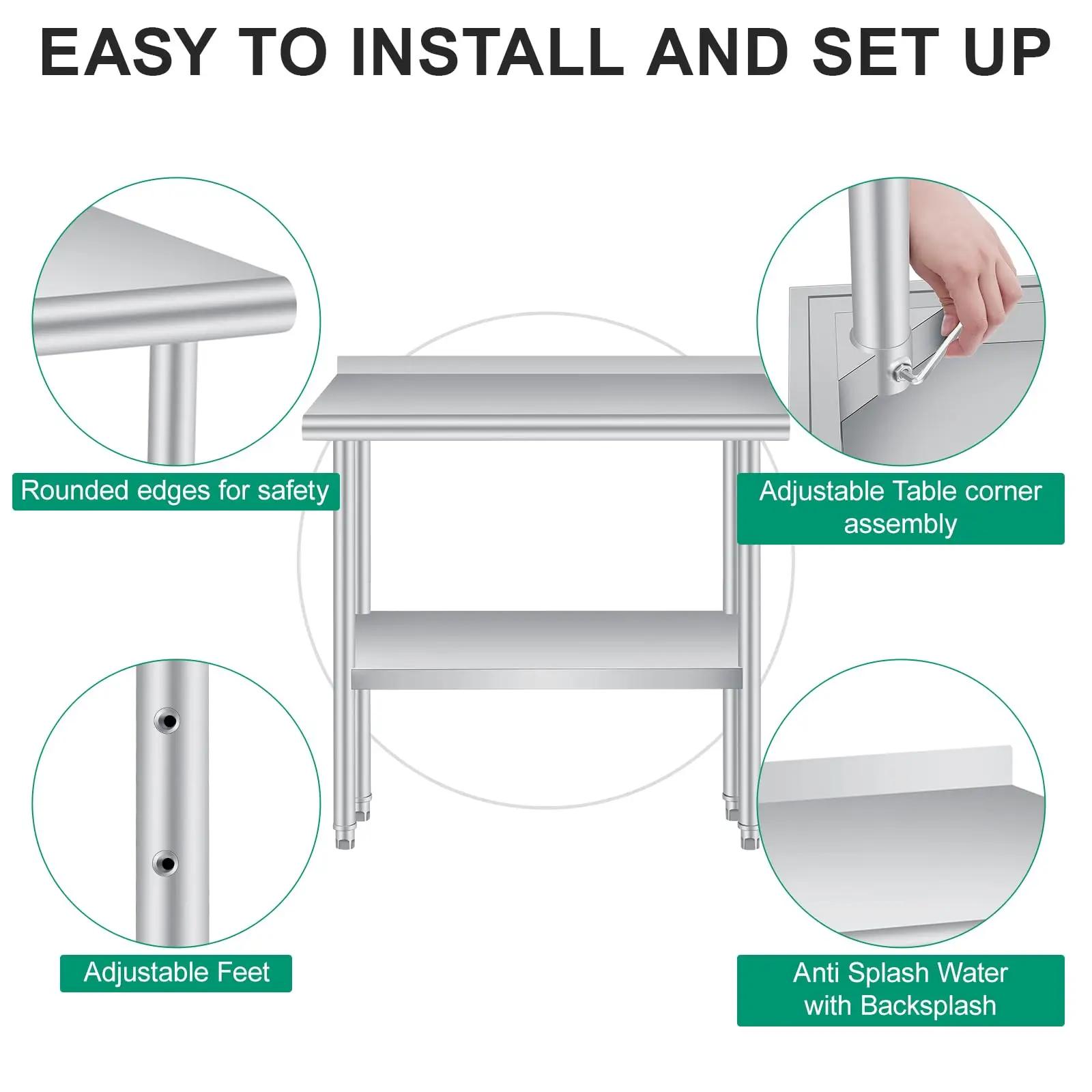 Table en acier inoxydable pour préparation et travail avec dosseret, table commerciale robuste avec