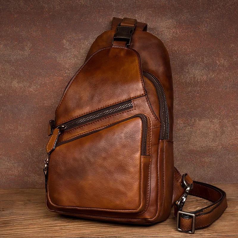 Sac de poitrine en cuir de grande capacité pour hommes, sac à bandoulière décontracté, tendance rétr