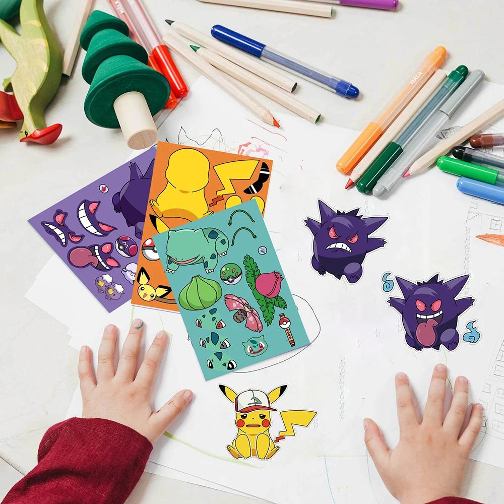 8/16 feuilles Pokemon Anime Pikachu Gengar Puzzle autocollants faire un visage enfants dessin animé