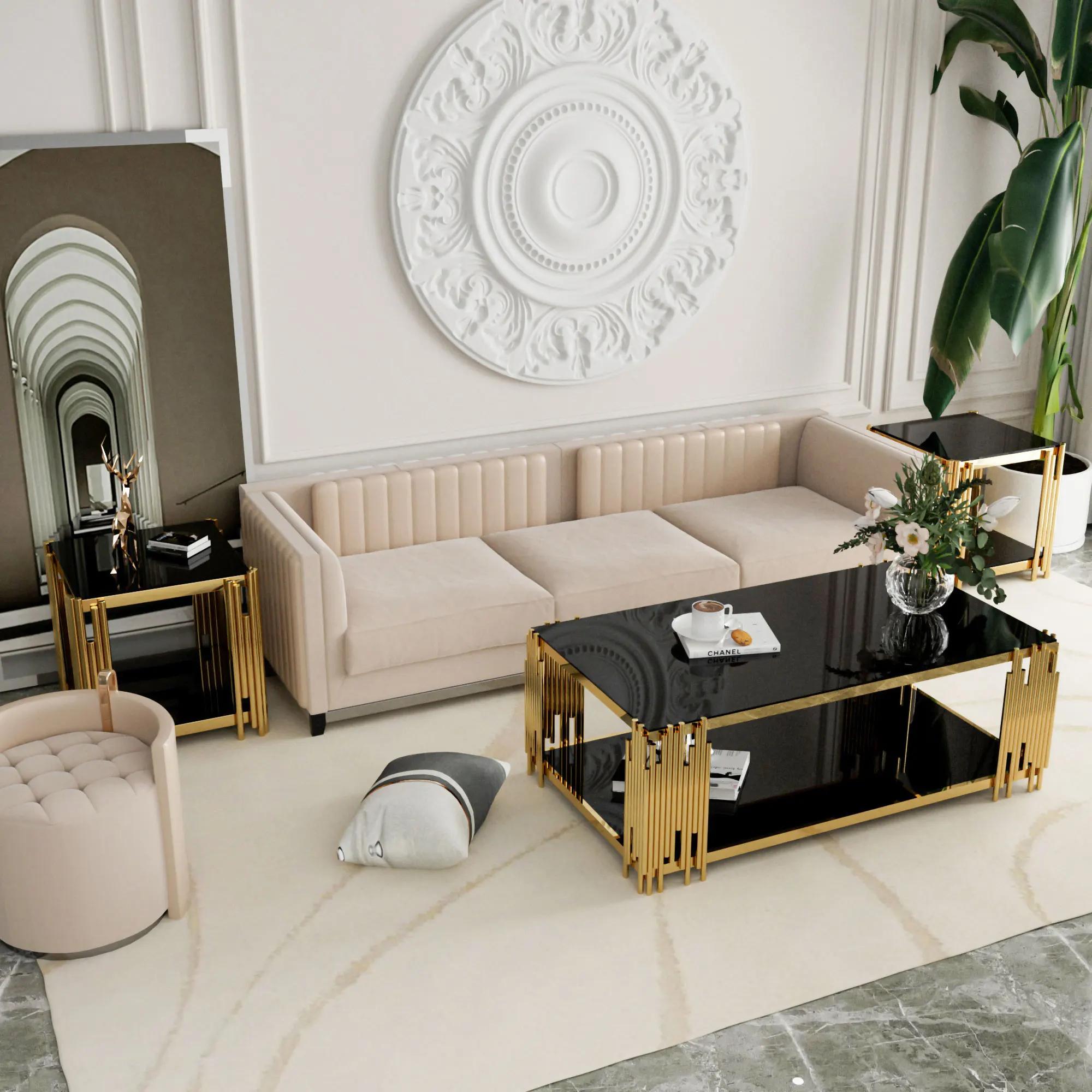 Table basse rectangulaire en verre pour salon, acier inoxydable, table centrale moderne, verre noir