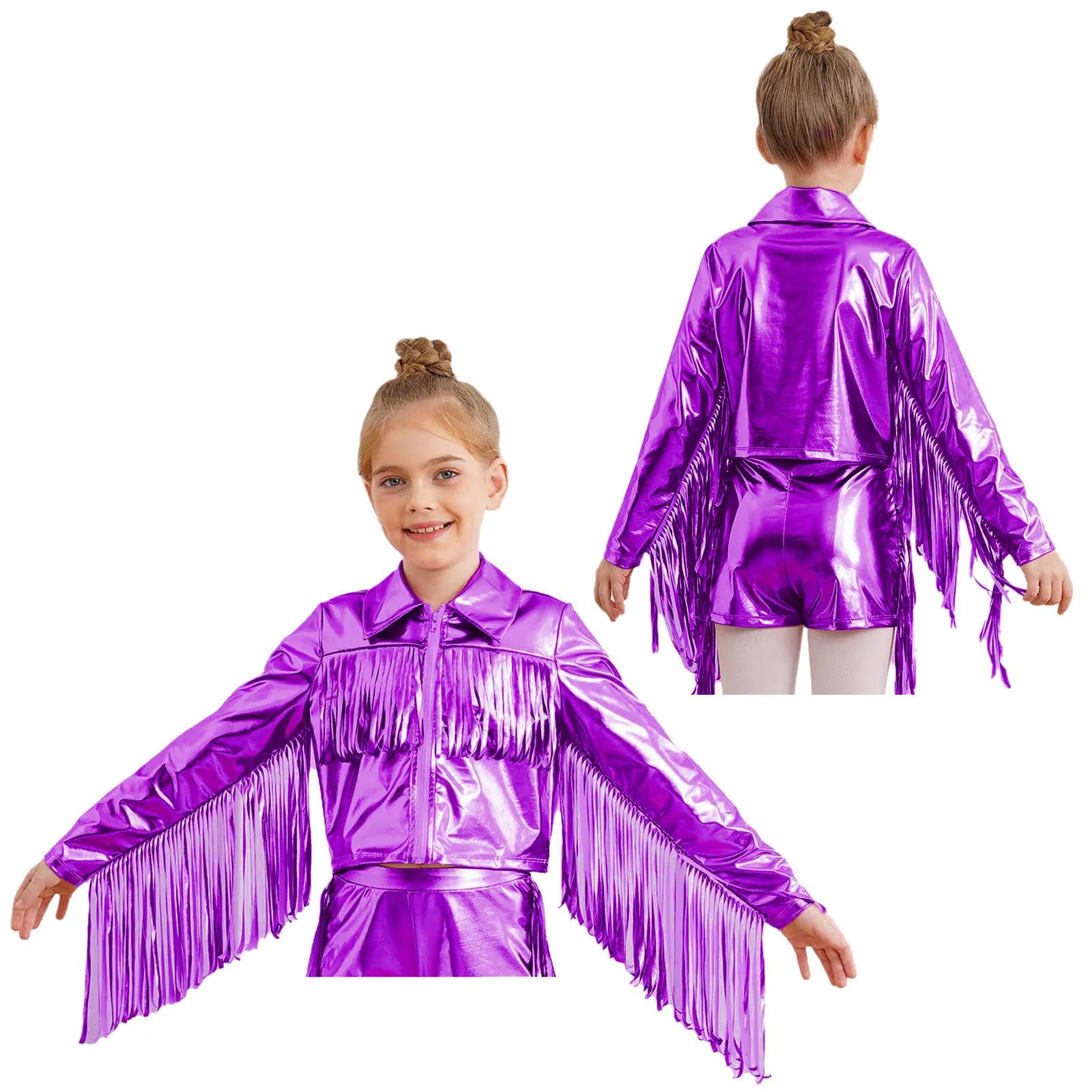 Vestes à pompons pour filles, Streetwear, Costume de danse Jazz métallique, col rabattu, manteaux à