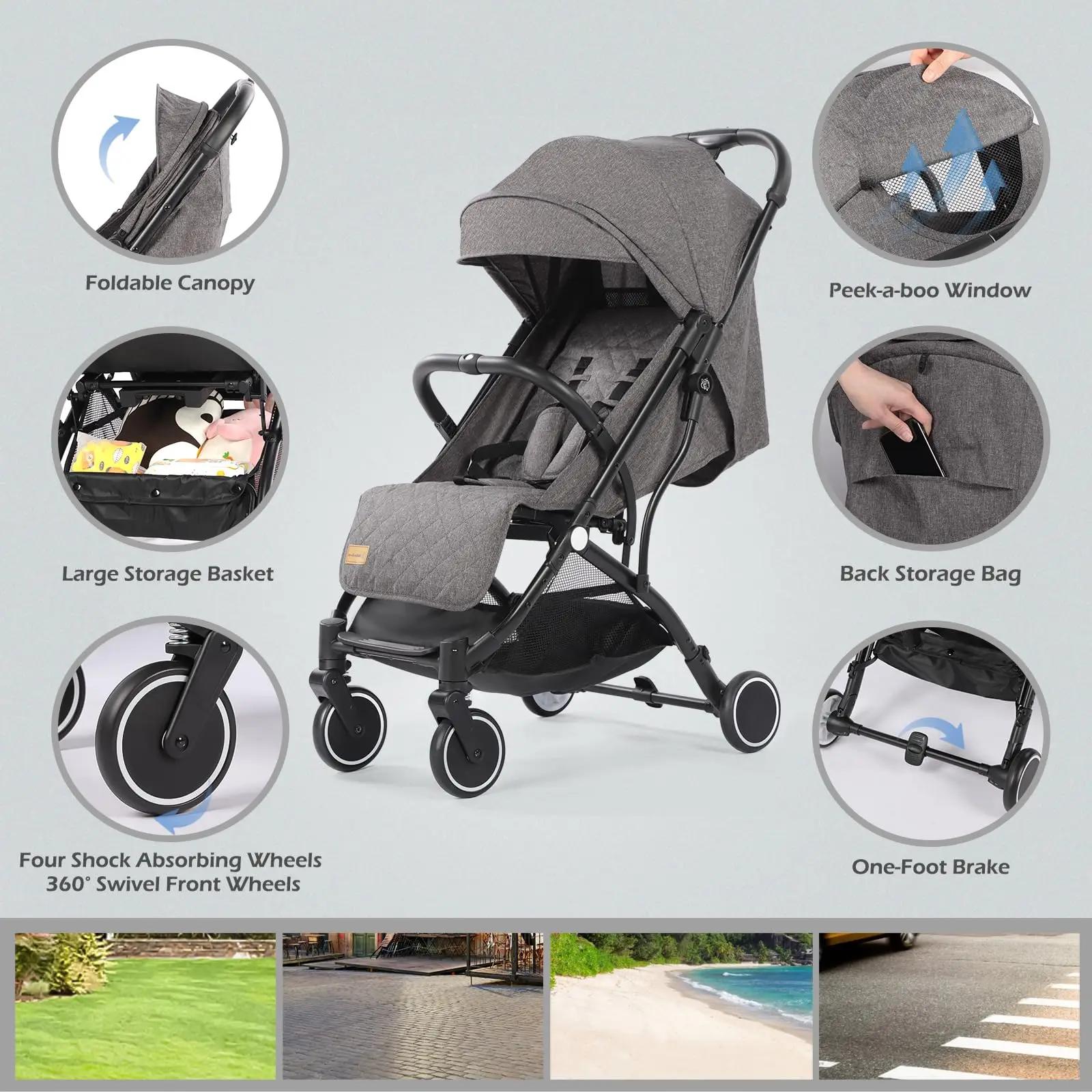 Poussette bébé, poussette compacte pliable d'une seule main avec housse de pluie et moustiquaire, po