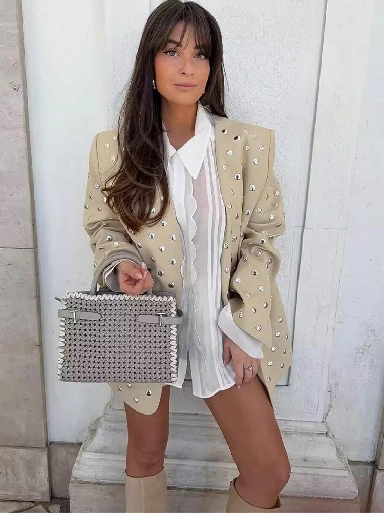 SLTNX Blazer décontracté pour femme avec décoration à rivets, manches longues, col en V, beige, mant
