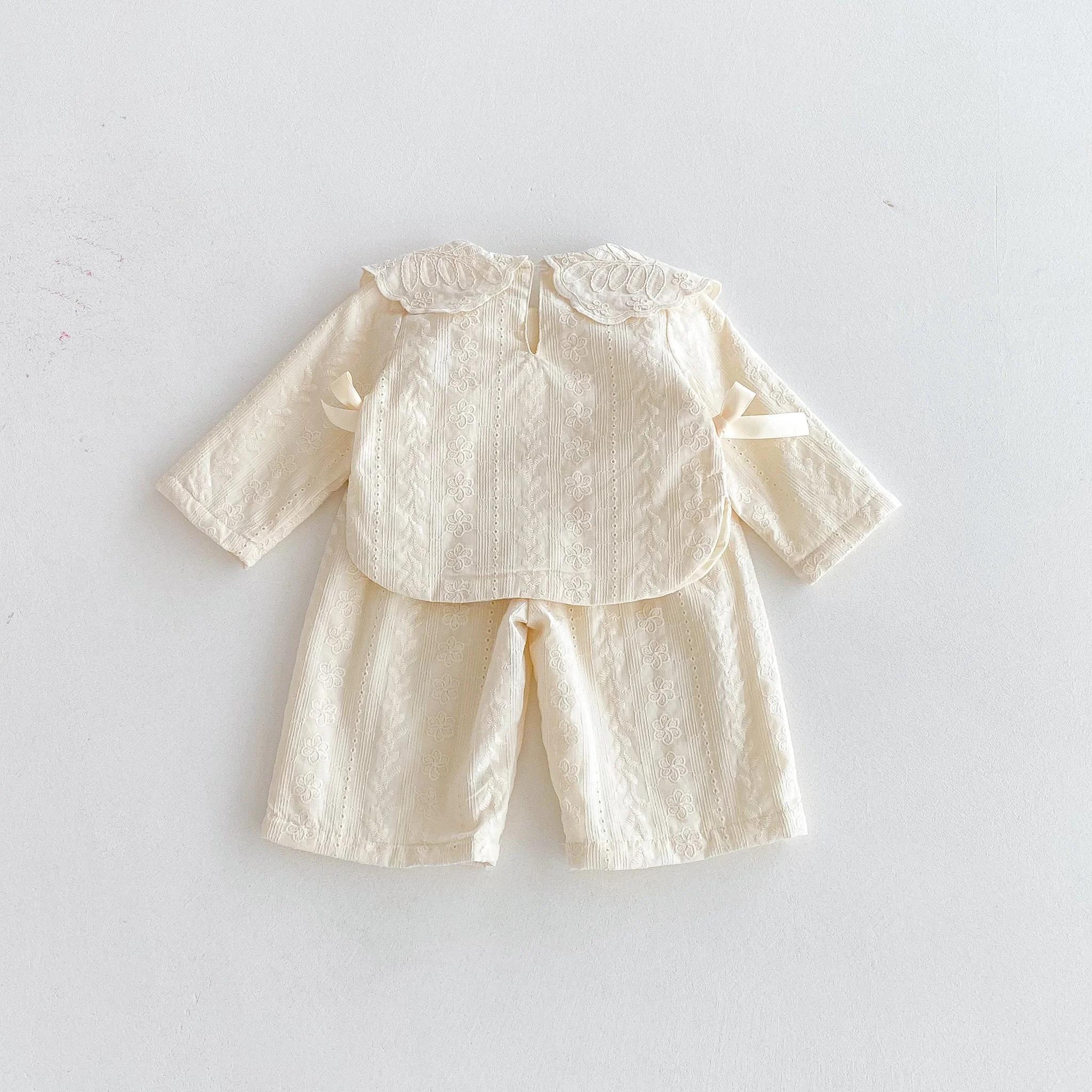 Haut à col en dentelle pour bébé fille, ensemble pantalon à jambes larges, haut à nœud pour fille d'