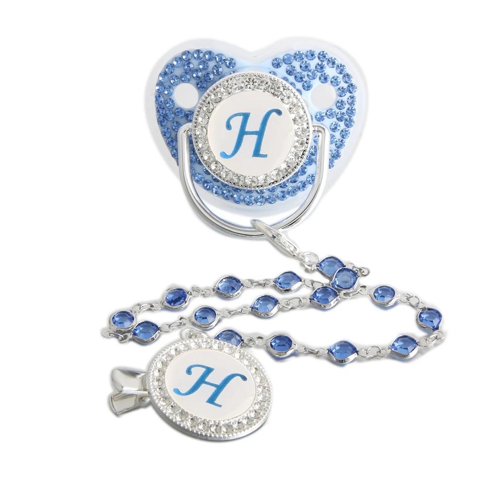 Sucette bleue scintillante pour bébé, 26 lettres, avec chaîne de perles de pierres précieuses, Clip/